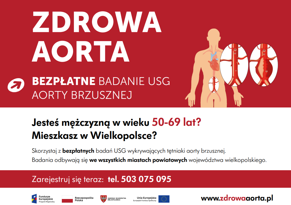 Plakat Zdrowa Aorta z informacjami na temat bezpłatnego badania aorty brzusznej.